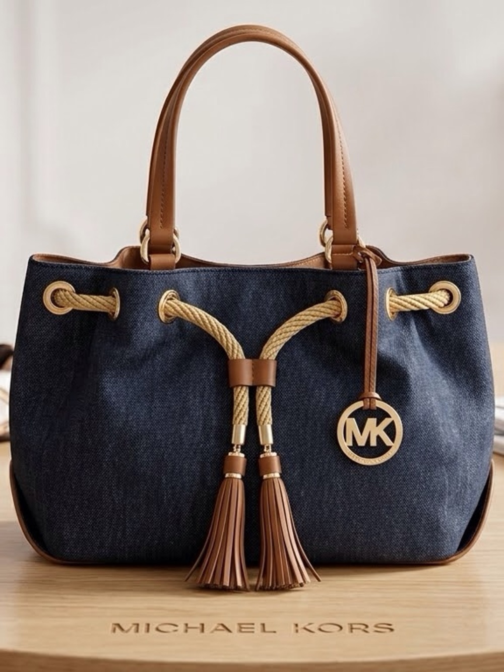 MICHAEL Michael Kors / Marina Denim & Leather Drawstring Tote Bag - EUC!